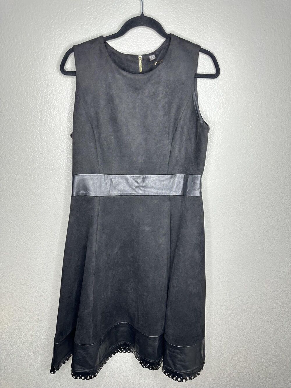 Calvin Klein Dress Womens 12 Black Fit & Flare Faux Leather Trim Grommet Hem